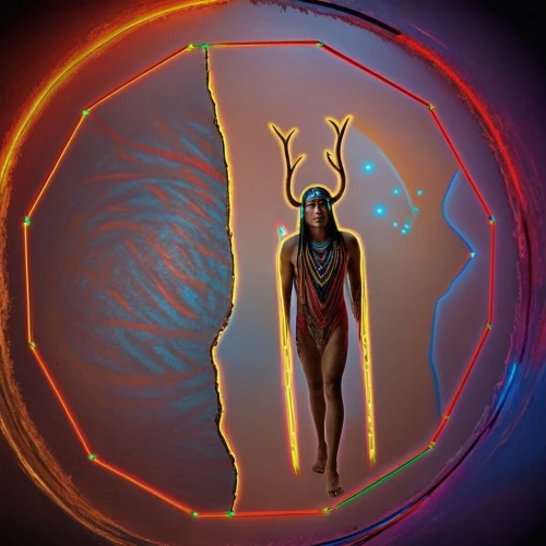 neon body painting,glowing antlers,vitruvian man,kundalini,shamanic,hoop (rhythmic gymnastics),portal,the vitruvian man,trioceros,shamanism,the zodiac sign taurus,root chakra,paraxerus,capricorn,third eye,portals,esoteric symbol,ankh,bodypainting,3d archery,Photography,General,Fantasy