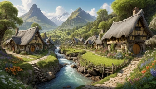 alpine village,mountain settlement,fairy village,mountain village,aurora village,fantasy landscape,knight village,druid grove,home landscape,northrend,fantasy picture,escher village,villages,mountain huts,fantasy art,world digital painting,landscape background,mountain valley,hobbiton,wooden houses