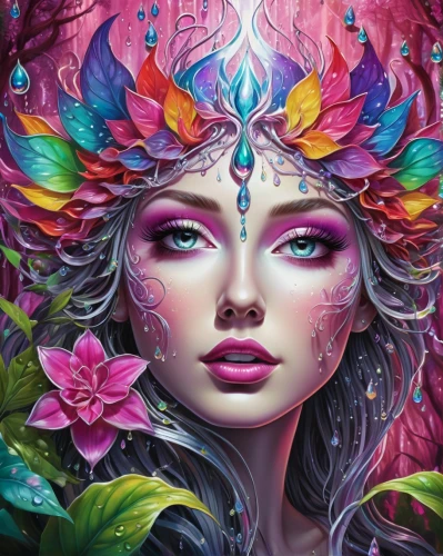 flora,fairy peacock,psychedelic art,fantasy portrait,fae,faery,fantasy art,kahila garland-lily,faerie,medusa,dryad,flower fairy,the festival of colors,boho art,fairy queen,mystical portrait of a girl,masquerade,girl in flowers,flower painting,the enchantress,Illustration,Realistic Fantasy,Realistic Fantasy 39