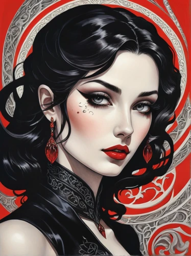 geisha girl,geisha,art deco woman,oriental princess,rosa ' amber cover,art nouveau,vampire lady,fantasy portrait,vampire woman,horoscope libra,queen of hearts,victorian lady,fashion illustration,filigree,chinese art,art nouveau design,oriental girl,widow,femme fatale,gold foil art,Illustration,Retro,Retro 08