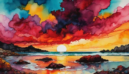 watercolor background,abstract watercolor,watercolor,watercolor painting,eruption,watercolors,volcano,water color,watercolor paint,watercolor paper,water colors,lava,volcanic,watercolour,volcanic eruption,watercolor wine,watercolor tea,watercolor paint strokes,volcanic landscape,coast sunset,Illustration,Paper based,Paper Based 19