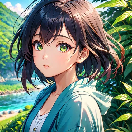 hinata,summer background,honolulu,green summer,colorful background,portrait background,holding a coconut,floral background,green wallpaper,watermelon background,flower background,japanese floral background,spring background,beach background,green eyes,tropical floral background,ganai,tropical greens,landscape background,flora,Anime,Anime,Realistic
