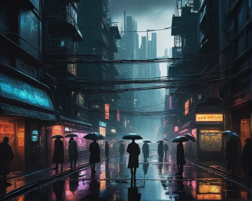 cyberpunk,dystopian,shinjuku,alleyway,cityscape,walking in the rain,fantasy city,tokyo city,alley,world digital painting,sci fiction illustration,dystopia,shanghai,futuristic landscape,tokyo,metropolis,hong kong,scifi,kowloon,sci - fi,Illustration,Retro,Retro 25