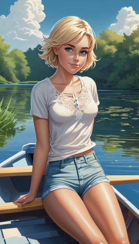 girl on the boat,the blonde in the river,girl on the river,boat operator,boat landscape,canoe,boat,rowboat,picnic boat,pontoon boat,boating,elsa,boat ride,on the river,fishing float,row boat,summer background,floating on the river,rowboats,wooden boat,Illustration,Japanese style,Japanese Style 07