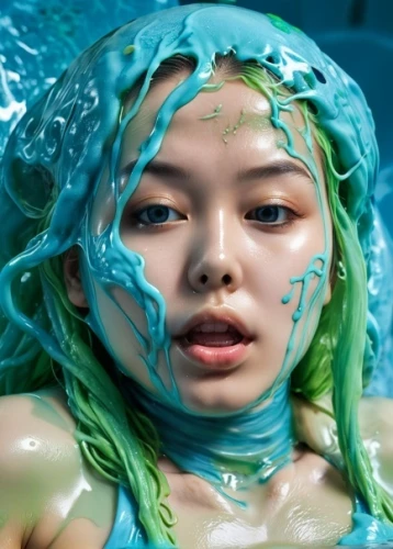 bjork,water nymph,slime,wet,under the water,wasabi,merfolk,under water,green mermaid scale,mermaid,green skin,under sea,aquatic,underwater background,in water,three-lobed slime,water creature,scuba,submerged,underwater