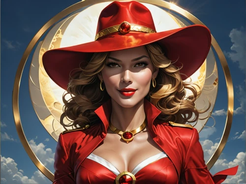 scarlet witch,lady in red,witch's hat icon,sorceress,ringmaster,the hat of the woman,queen of hearts,red coat,fantasy woman,cowgirl,red hat,the hat-female,fire siren,sombrero,wonderwoman,red cape,dodge warlock,goddess of justice,lasso,red chief