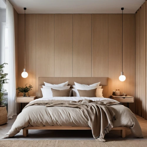 bamboo curtain,bedroom,modern decor,contemporary decor,wooden wall,laminated wood,danish furniture,room divider,wood wool,bed frame,modern room,bed linen,canopy bed,scandinavian style,sleeping room,wall lamp,wood-fibre boards,gold wall,patterned wood decoration,futon pad,Photography,General,Realistic