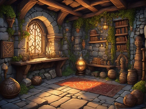 apothecary,wine cellar,witch's house,cellar,hearth,fireplaces,ancient house,medieval architecture,fireplace,tavern,cartoon video game background,dungeons,study room,hobbiton,bookshelves,dungeon,game illustration,candlemaker,collected game assets,stone oven,Illustration,Japanese style,Japanese Style 07