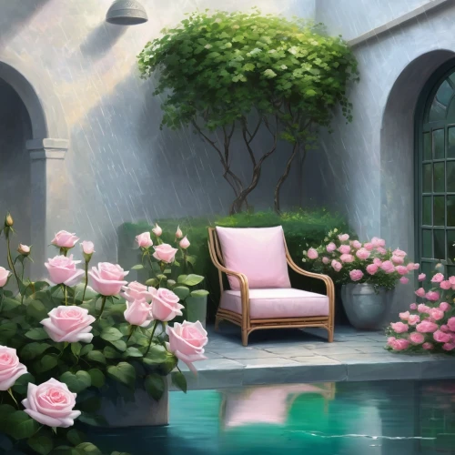 landscape rose,flower painting,rosebushes,pink roses,blooming roses,peonies,world digital painting,rose garden,flower shop,the sleeping rose,digital painting,home landscape,camellias,pink chair,peony,romantic rose,rose bloom,watercolor background,pink rose,rose bush,Illustration,Realistic Fantasy,Realistic Fantasy 01