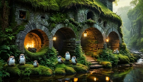fairy village,fantasy picture,fantasy landscape,fairy forest,fantasy art,fairytale forest,elven forest,fairy house,fairy world,3d fantasy,fairytale castle,enchanted forest,wishing well,fairy tale castle,garden of eden,secret garden of venus,the mystical path,cave on the water,druids,green waterfall