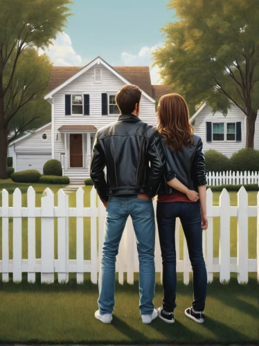 white picket fence,picket fence,home ownership,house painting,young couple,girl and boy outdoor,homeownership,houses clipart,suburbs,neighbors,boyhood dream,home landscape,homebuying,fences,house sales,homes,serial houses,outskirts,courtship,mortgage,Illustration,Abstract Fantasy,Abstract Fantasy 05