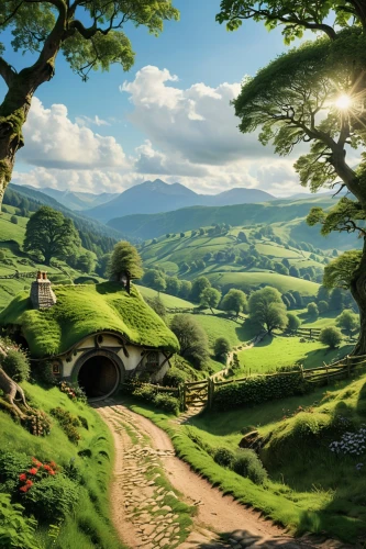 hobbiton,hobbit,landscape background,cartoon video game background,fantasy landscape,home landscape,jrr tolkien,green landscape,green valley,countryside,mountain scene,rural landscape,mountainous landscape,studio ghibli,beautiful landscape,children's background,mountain landscape,fantasy picture,landscapes beautiful,world digital painting