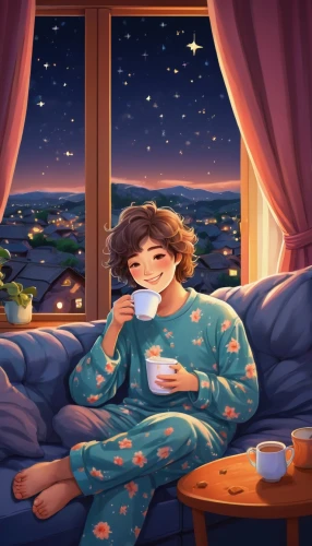 coffee tea illustration,tea and books,tea zen,woman drinking coffee,drinking coffee,tea drinking,coffee tea drawing,pajamas,darjeeling tea,a cup of tea,coffee and books,pjs,coffee background,autumn hot coffee,cup of cocoa,romantic night,hot drink,hot cocoa,tea time,starry sky,Conceptual Art,Daily,Daily 28