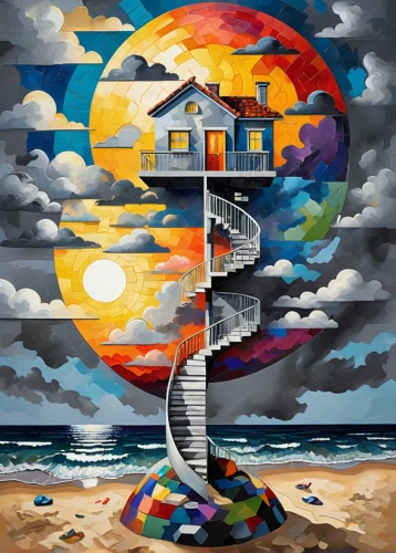 colorful spiral,lighthouse,escher,light house,psychedelic art,stairway to heaven,illusion,sky apartment,surrealism,lifeguard tower,oil painting on canvas,beachhouse,helix,spiral,beach house,el salvador dali,optical illusion,tree house,dunes house,spiral staircase,Conceptual Art,Oil color,Oil Color 25