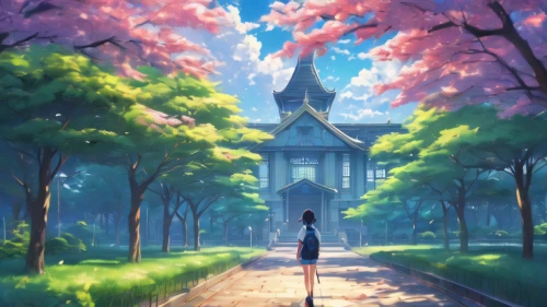 violet evergarden,sakura background,springtime background,spring background,studio ghibli,japanese sakura background,spring morning,euphonium,dandelion hall,forest chapel,church painting,world end,scenery,house silhouette,sakura trees,landscape background,watercolor background,beauty scene,blooming field,everlasting flowers,Illustration,American Style,American Style 01