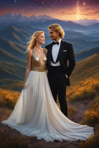 fantasy picture,wedding couple,romantic portrait,wedding photo,golden weddings,world digital painting,wedding invitation,wedding icons,bride and groom,flightless bird,silver wedding,romantic scene,cg artwork,beautiful couple,shepherd romance,honeymoon,bridegroom,romance novel,a fairy tale,fairytale,Illustration,Realistic Fantasy,Realistic Fantasy 32