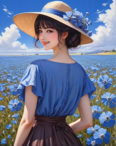 straw hat,blue flower,sun hat,blue painting,blooming field,high sun hat,blue rose,blue petals,summer flower,windflower,country dress,blue anemone,anemone coronaria,parasol,flower painting,himilayan blue poppy,blue daisies,japanese woman,flower background,field of flowers,Illustration,Realistic Fantasy,Realistic Fantasy 30