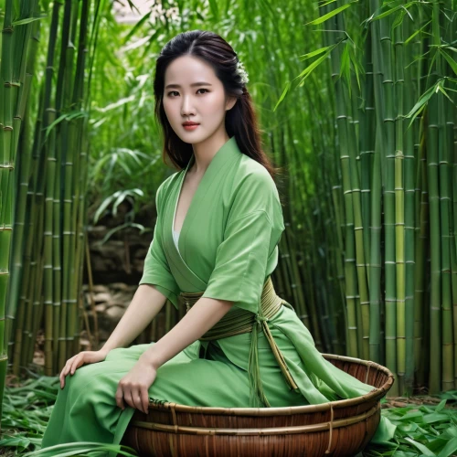 vietnamese woman,bamboo,bamboo flute,in green,bamboo plants,bamboo shoot,asian woman,bamboo curtain,oriental princess,bamboo forest,bamboo frame,vietnamese,mulan,oriental girl,green background,junshan yinzhen,bamboo car,rou jia mo,kaew chao chom,vietnam,Photography,General,Realistic