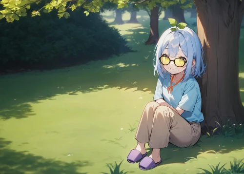 yuki nagato sos brigade,fuki,on the grass,piko,sitting,girl sitting,in the park,himuto,ginko,girl studying,in the tall grass,playing outdoors,child in park,girl lying on the grass,summer day,park bench,in the field,with glasses,reading glasses,anime cartoon