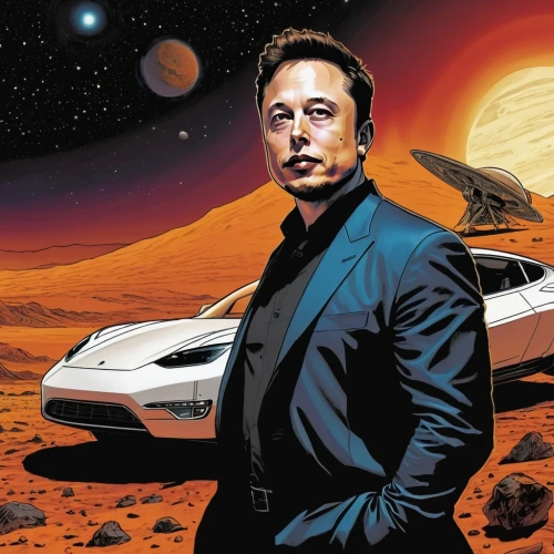 tesla,billionaire,mission to mars,tesla roadster,tony stark,emperor of space,sci fiction illustration,space tourism,background image,red planet,moon car,an investor,martian,the vehicle,space travel,electric mobility,science fiction,space voyage,science-fiction,extraterrestrial life,Illustration,American Style,American Style 08