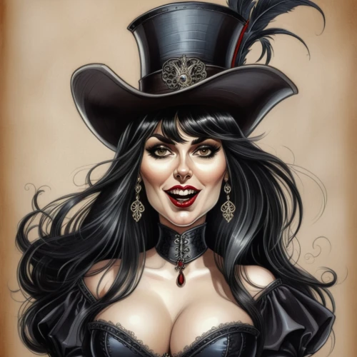 black hat,vampire woman,ringmaster,vampire lady,victorian lady,leather hat,hatter,the hat-female,steampunk,caricaturist,cowgirl,top hat,halloween witch,bowler hat,fantasy portrait,the hat of the woman,harley,catrina calavera,corset,pointed hat,Illustration,Abstract Fantasy,Abstract Fantasy 23
