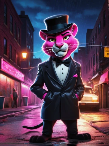 the pink panther,pink panther,pink cat,the pink panter,mafia,alley cat,red cat,mobster,color rat,gentlemanly,tuxedo just,pink tie,ringmaster,businessman,tuxedo,business man,cartoon cat,detective,mayor,smooth criminal,Conceptual Art,Daily,Daily 28