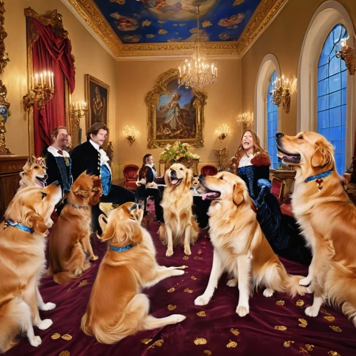 kennel club,dog school,service dogs,corgis,color dogs,nova scotia duck tolling retriever,dog training,dog command,rally obedience,magic castle,dogshow,symphony orchestra,ballroom,dog photography,philharmonic orchestra,ballroom dance,musical ensemble,step and repeat,scotty dogs,huskies,Illustration,Realistic Fantasy,Realistic Fantasy 37