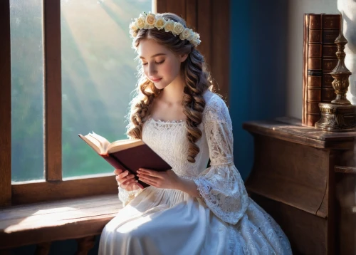 jane austen,victorian lady,women's novels,bridal clothing,white rose snow queen,jessamine,fairy tale character,blonde woman reading a newspaper,cinderella,girl in a historic way,wedding dresses,the victorian era,children's fairy tale,blonde in wedding dress,hymn book,bridal dress,victorian style,fairy tales,suit of the snow maiden,fairy tale,Art,Classical Oil Painting,Classical Oil Painting 31