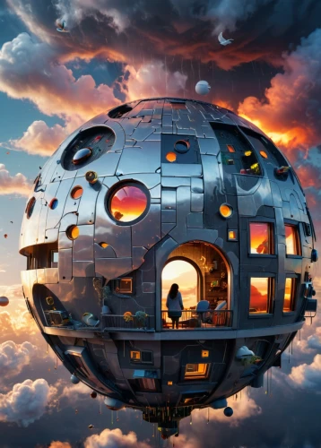 sky space concept,heliosphere,cubic house,sky apartment,cube stilt houses,musical dome,futuristic architecture,glass sphere,ball cube,space ship,cube house,spherical,flying saucer,spherical image,mirror ball,the globe,globes,airship,globe,solar cell base,Photography,General,Sci-Fi