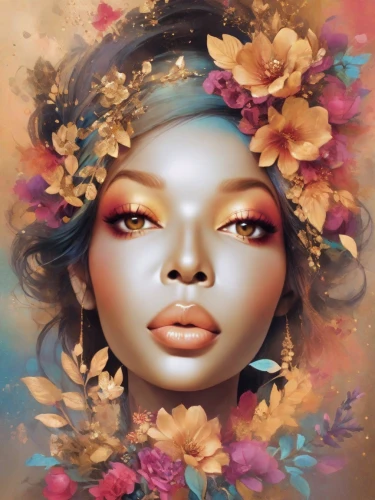 fantasy portrait,beauty face skin,rosa ' amber cover,flower fairy,floral background,west indian jasmine,african american woman,world digital painting,blossoming,rose flower illustration,flower girl,digital art,portrait background,wreath of flowers,beautiful african american women,blooming wreath,women's cosmetics,flowers png,floral wreath,girl in flowers,Photography,Cinematic