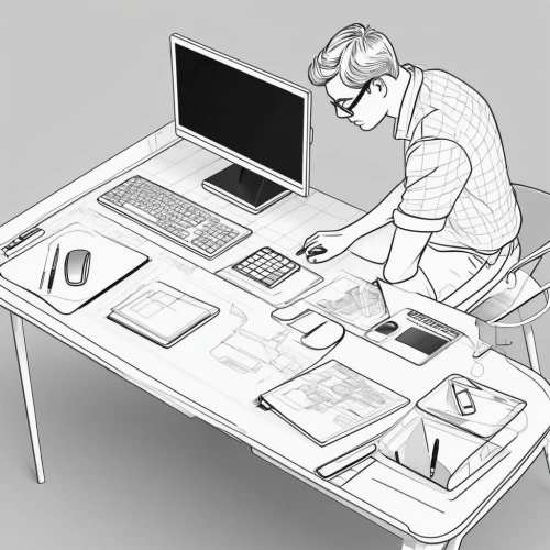 computer desk,standing desk,desk,working space,computer workstation,man with a computer,apple desk,office desk,computer addiction,office line art,work desk,workstation,workspace,secretary desk,personal computer,work space,desktop computer,hardware programmer,workbench,in a working environment,Illustration,Black and White,Black and White 04