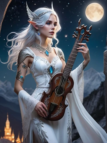 violinist violinist of the moon,fantasy picture,music fantasy,white rose snow queen,violin woman,fantasy art,celtic harp,woman playing violin,stringed instrument,constellation lyre,violin player,art bard,the snow queen,fantasy portrait,string instrument,angel playing the harp,violinist,musician,harp player,classical guitar,Illustration,Realistic Fantasy,Realistic Fantasy 25