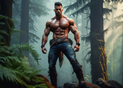 farmer in the woods,forest man,tarzan,redwood,woodsman,lumberjack,gardener,male character,male elf,male model,forest background,wolverine,nature and man,redwoods,muscular,tree man,arborist,croft,damme,game art,Conceptual Art,Oil color,Oil Color 07