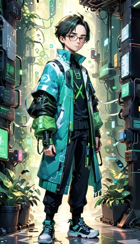 librarian,biologist,patrol,stylish boy,engineer,schoolboy,riddler,green jacket,anime japanese clothing,refinery,matrix,kid hero,matsuno,cyberpunk,cg artwork,school boy,scholar,sci fiction illustration,academic,apothecary,Anime,Anime,Cartoon