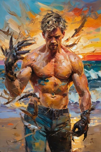 man at the sea,poseidon,wolverine,painting technique,barbarian,edge muscle,sea man,aquaman,sea god,angry man,man holding gun and light,fisherman,god of the sea,merman,muscle man,oil painting,oil on canvas,hulk,wind warrior,el mar,Conceptual Art,Oil color,Oil Color 20