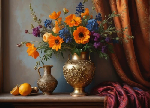 still life of spring,sunflowers in vase,vase,flower vase,autumn still life,floral composition,summer still-life,orange flowers,vases,flower vases,flower arranging,floral arrangement,flower arrangement,flower painting,still life elegant,orange roses,still life,still-life,flower arrangement lying,still life photography,Illustration,Realistic Fantasy,Realistic Fantasy 12