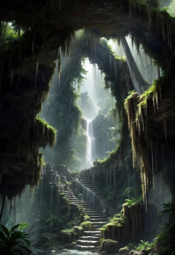the mystical path,heaven gate,hiking path,ravine,fantasy landscape,elven forest,pathway,forest path,the path,hollow way,tunnel of plants,druid grove,greenforest,fantasy picture,devilwood,forest landscape,winding steps,green forest,rain forest,path