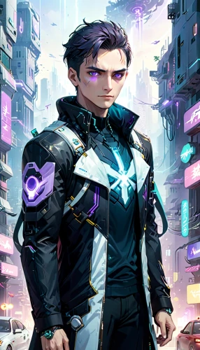 yukio,superhero background,3d man,vax figure,cyberpunk,cyber glasses,cyborg,cg artwork,sci fiction illustration,cyber,ultraviolet,guilinggao,male character,jacket,officer,sigma,xiangwei,zero,hong,electro,Anime,Anime,General