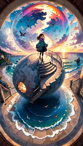 little planet,fantasy world,musical dome,globe,the globe,360 °,dream world,world digital painting,fantasy picture,time spiral,cg artwork,3d fantasy,panoramical,fantasy landscape,sci fiction illustration,floating island,crystal ball,dreams catcher,wonderland,fantasy art,Anime,Anime,Cartoon