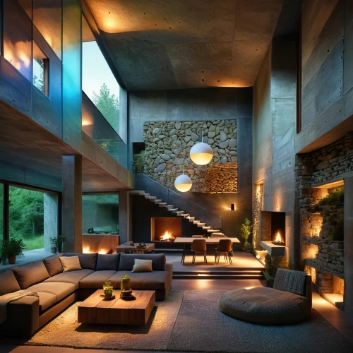 interior modern design,modern living room,concrete ceiling,luxury home interior,modern decor,contemporary decor,modern house,exposed concrete,loft,interior design,living room,modern architecture,fire place,dunes house,penthouse apartment,fireplaces,beautiful home,corten steel,mid century modern,cubic house,Illustration,Realistic Fantasy,Realistic Fantasy 27