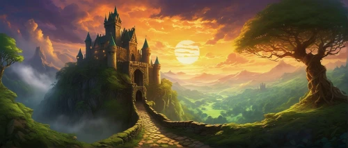 fantasy landscape,fantasy picture,landscape background,the mystical path,cartoon video game background,fantasy art,forest landscape,castle of the corvin,elven forest,fairy tale castle,world digital painting,hiking path,northrend,dragon bridge,druid grove,mountain landscape,fantasy world,hogwarts,high landscape,3d fantasy,Illustration,Paper based,Paper Based 06