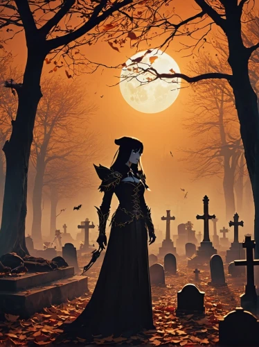 halloween background,halloween wallpaper,halloween poster,halloween banner,halloween illustration,graveyard,life after death,burial ground,grim reaper,undead warlock,halloween silhouettes,halloween scene,graves,old graveyard,angel of death,necropolis,all saints' day,days of the dead,danse macabre,dance of death,Illustration,Realistic Fantasy,Realistic Fantasy 09