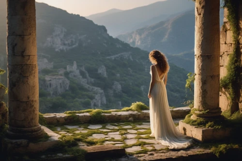 ephesus,girl in a long dress,greek mythology,fantasy picture,the ancient world,celtic woman,ancient greek temple,greek temple,girl in a long dress from the back,greece,greek myth,bridal veil,temple of diana,fairytale,pilgrimage,the ruins of the,ancient city,coliseo,enchanted,lycian,Photography,Fashion Photography,Fashion Photography 11