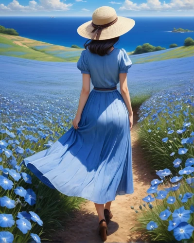 forget-me-not,blue daisies,blue flax,blooming field,blue painting,marguerite,jane austen,field of flowers,woman walking,forget-me-nots,forget me not,pilgrim,summer meadow,alpine forget-me-not,windflower,cape marguerite,country dress,blue petals,girl walking away,girl in a long dress,Conceptual Art,Daily,Daily 32