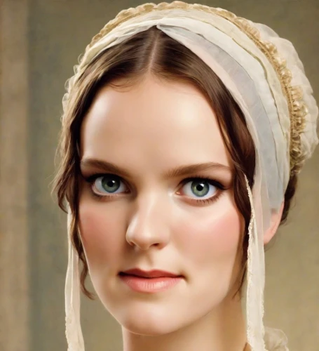 jane austen,daisy jazz isobel ridley,beautiful bonnet,victorian lady,marguerite,doll's facial features,portrait of a girl,female face,girl with a pearl earring,british actress,woman's face,downton abbey,realdoll,woman face,elizabeth nesbit,porcelain doll,bonnet,a charming woman,portrait of a woman,vintage makeup,Digital Art,Classicism