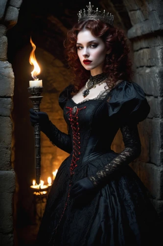 gothic woman,gothic portrait,gothic fashion,victorian lady,vampire woman,queen of hearts,victorian style,vampire lady,dark gothic mood,lady of the night,queen of the night,gothic style,gothic dress,celtic queen,the enchantress,sorceress,candlemaker,gothic,the witch,black candle,Illustration,Retro,Retro 20