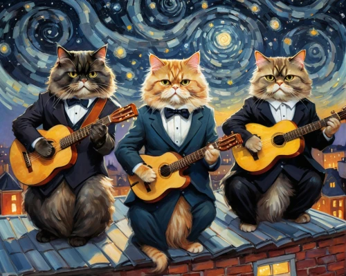 vintage cats,cats on brick wall,musicians,oktoberfest cats,orchestra,serenade,sock and buskin,artists of stars,stray cats,guitar player,mariachi,musical ensemble,cats,cat family,symphony orchestra,orchesta,ukulele,cats playing,music band,guitars,Conceptual Art,Fantasy,Fantasy 18