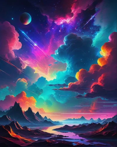 sky,vast,colorful background,space art,colorful stars,vapor,galaxy,fantasy landscape,ocean,rainbow clouds,horizon,night sky,unicorn background,alien planet,planet alien sky,space,ocean background,futuristic landscape,intense colours,rainbow background,Art,Artistic Painting,Artistic Painting 37