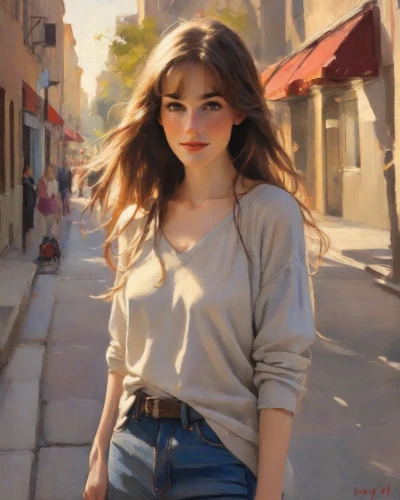girl walking away,girl portrait,young woman,oil painting,woman walking,city ​​portrait,portrait of a girl,girl in a long,girl in a historic way,oil painting on canvas,world digital painting,pedestrian,romantic portrait,girl in t-shirt,digital painting,paris,oil on canvas,a girl's smile,mystical portrait of a girl,girl with bread-and-butter,Digital Art,Impressionism