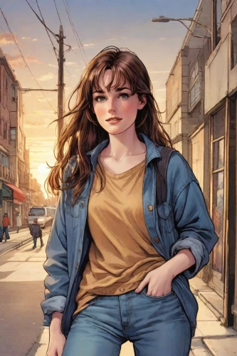 girl sitting,the girl at the station,sci fiction illustration,world digital painting,digital painting,clementine,cg artwork,a pedestrian,rowan,girl walking away,girl in a long,sprint woman,rosa ' amber cover,pedestrian,portrait background,the girl,girl portrait,girl studying,woman sitting,jean jacket,Digital Art,Comic
